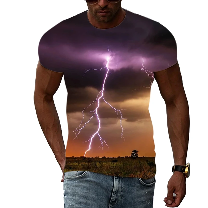 الصيف البرق المناخ الطبيعي الجرافيك تي شيرت الرجال موضة عادية المشهد نمط تي شيرت شخصية الاتجاه طباعة تي شيرت #5