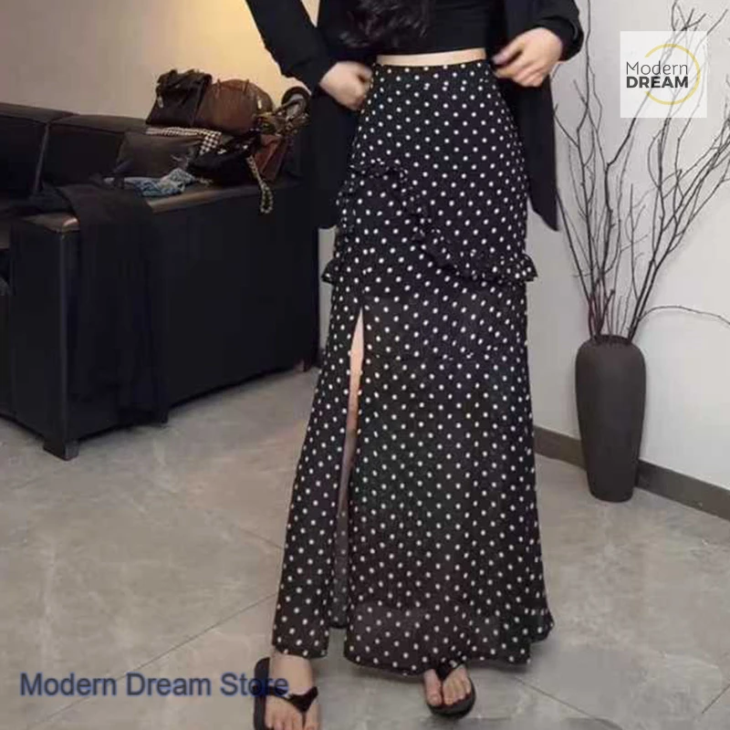 

Korean-style design sense high waist slit gauze skirt female spring and summer temperament wooden ear decoration polka-dot skirt