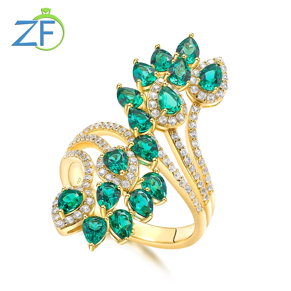 GZ ZONGFA Green Emerald Rings for Women 925 Sterling Silver Gold Plated Created Gemstone Statement Cocktail Ring Fine Jewelry