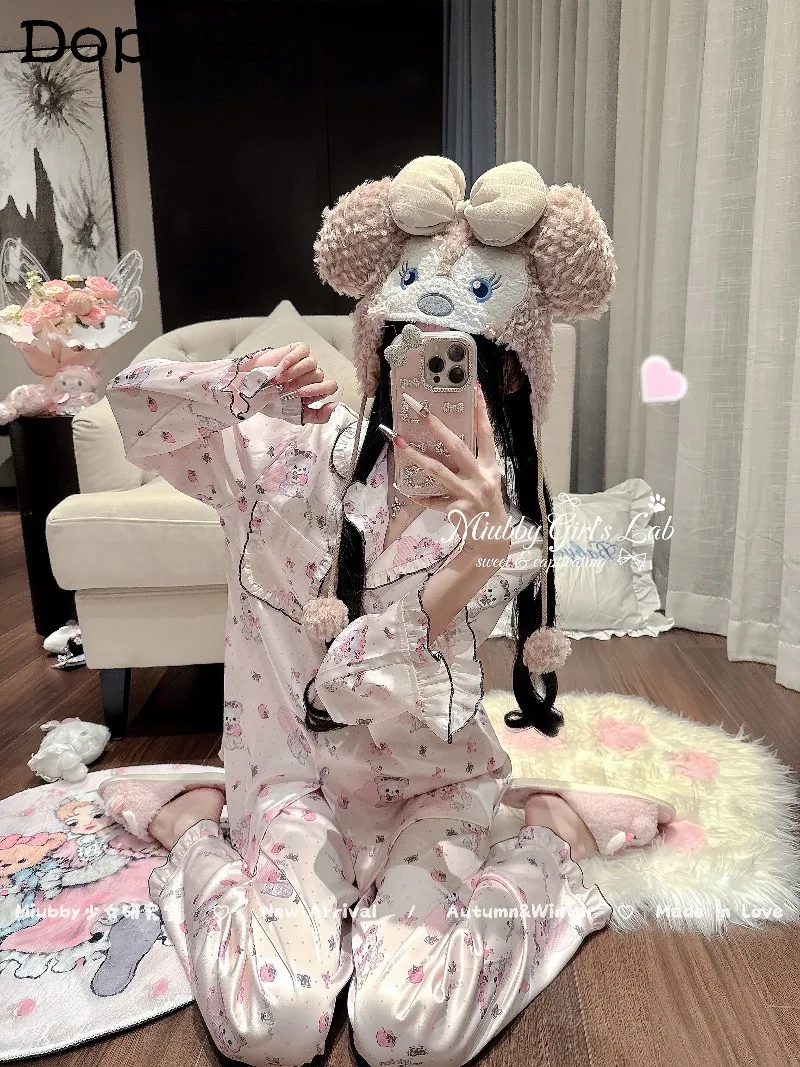 

Японский стиль, оригинальные мультяшные милые пижамы из ледяного шелка с длинными рукавами для девочек, милый мягкий очаровательный повседневный комплект домашней одежды