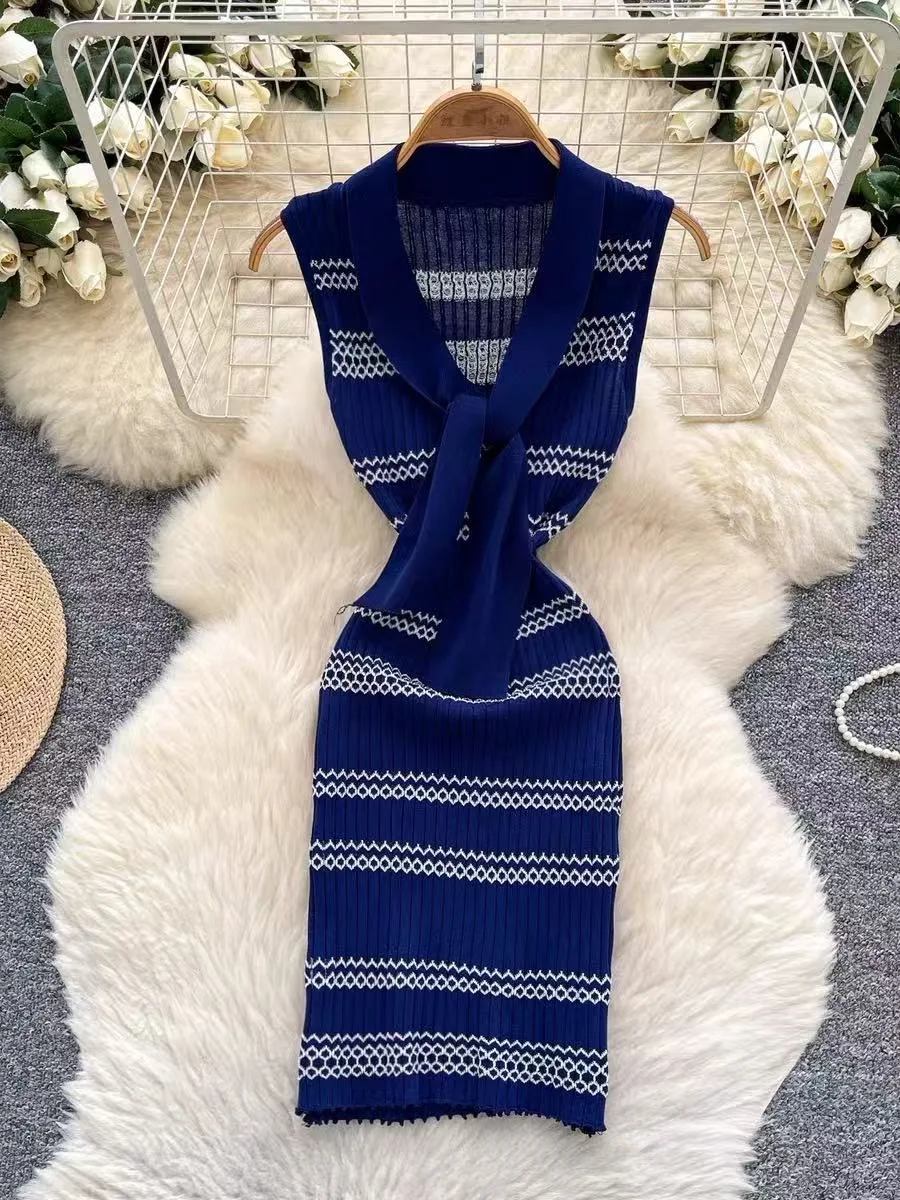 

Женское сине-белое полосатое платье-сарафан без рукавов с V-образным вырезом и завязками, эластичное, в рубчик, облегающее, мини-платье, повседневное, элегантное, для офиса