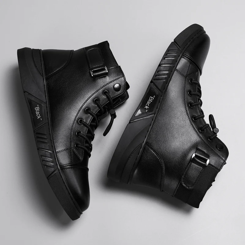 Ankle Boots Black PU Leather Men\'s Sports Shoes Autumn Winter Comfortable High-top Casual Fashion Platform Boots Man Round Head