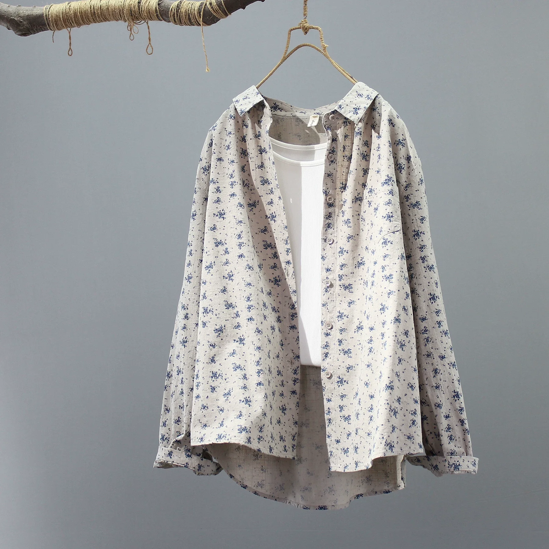 

Женская блузка с длинным рукавом из чистого хлопка, весна 2026, японский стиль, милый принт, желто-серо-бежевая, рубашки и блузки