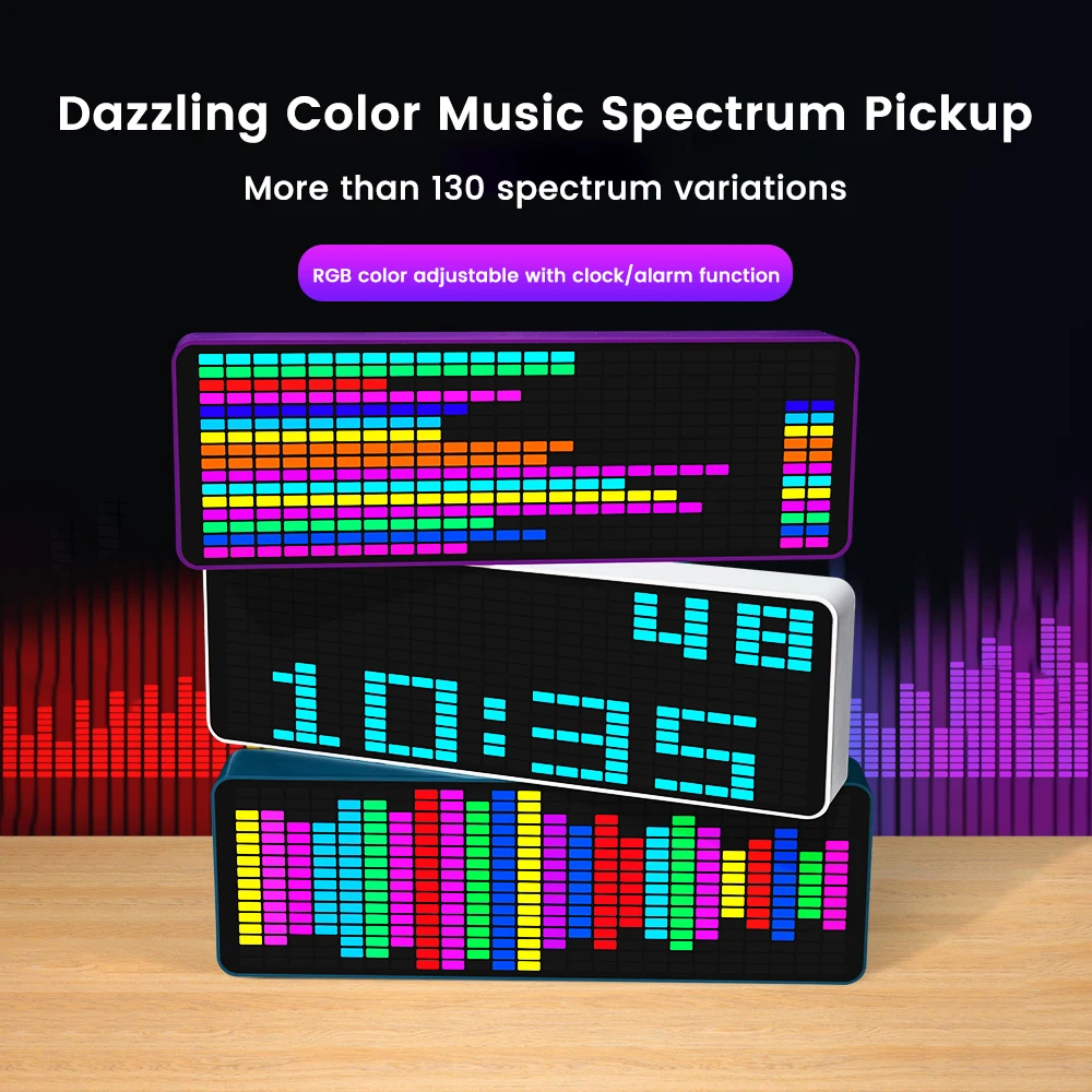 LED Music Spectrum Display RGB Light Colorful Spectrum Pickup Atmosphere Lamp Electronic Clock Voice Control Level Indicator USB