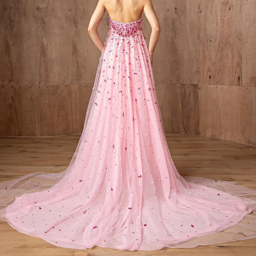 Customized Modern Satin Straight Crystal Evening Dress Strapless Floor Length Sleeveless Panel Train Vestidos para mujer