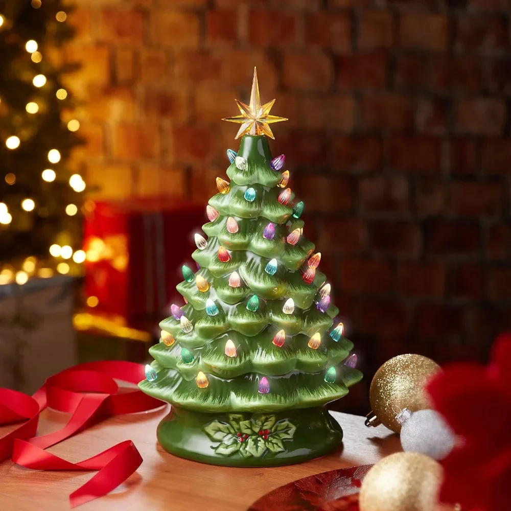 

5 "pre-lit green ceramic Christmas tree hand-painted tabletop decoration with lights