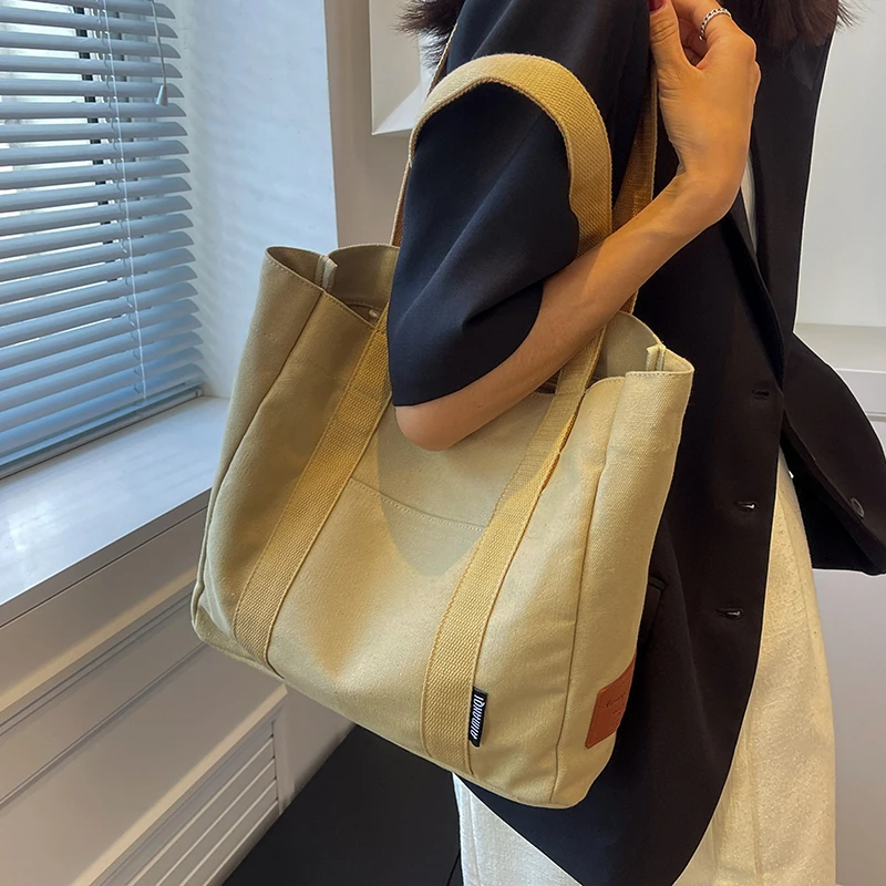 High capacity handbags for women 2022 Autumn Canvas travel Casual Tote solid color Mobile bag Shoulder bag ladies Messenger Bags