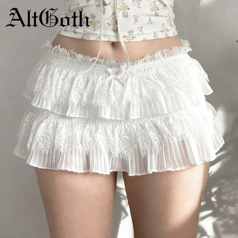 AltGoth Fairycore Grunge Sweet Skirt Women Pastel Goth Y2k E-girl Cute Solid Color Lace Patchwork Low Waist Cake Skirt Female