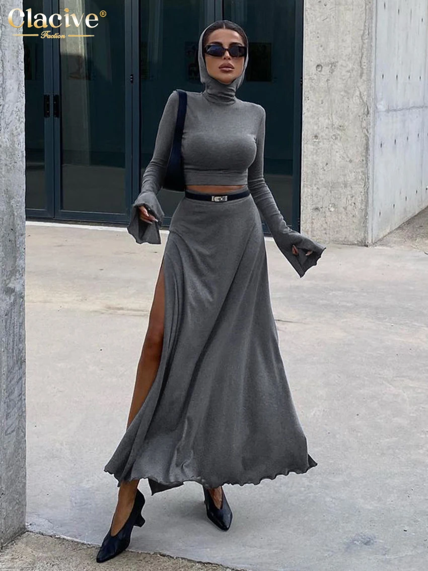 Clacive Bodycon Gray Knitted Skirt Sets For Women 2 Pieces Elegant Long Sleeve Crop Top With High Waist Slit Long Skirts Set