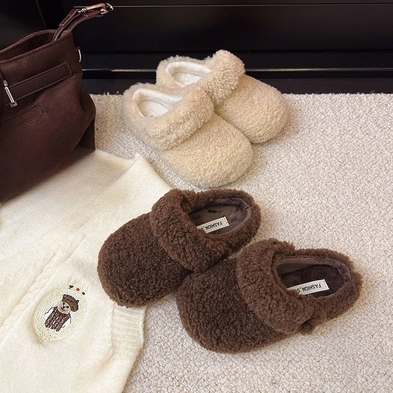 

Children's Warm Slippers Winter Girls Fashion Cotton Shoes Non-slip Soft Furry Kids Causal Simple Plush Slippers Beige Coffee