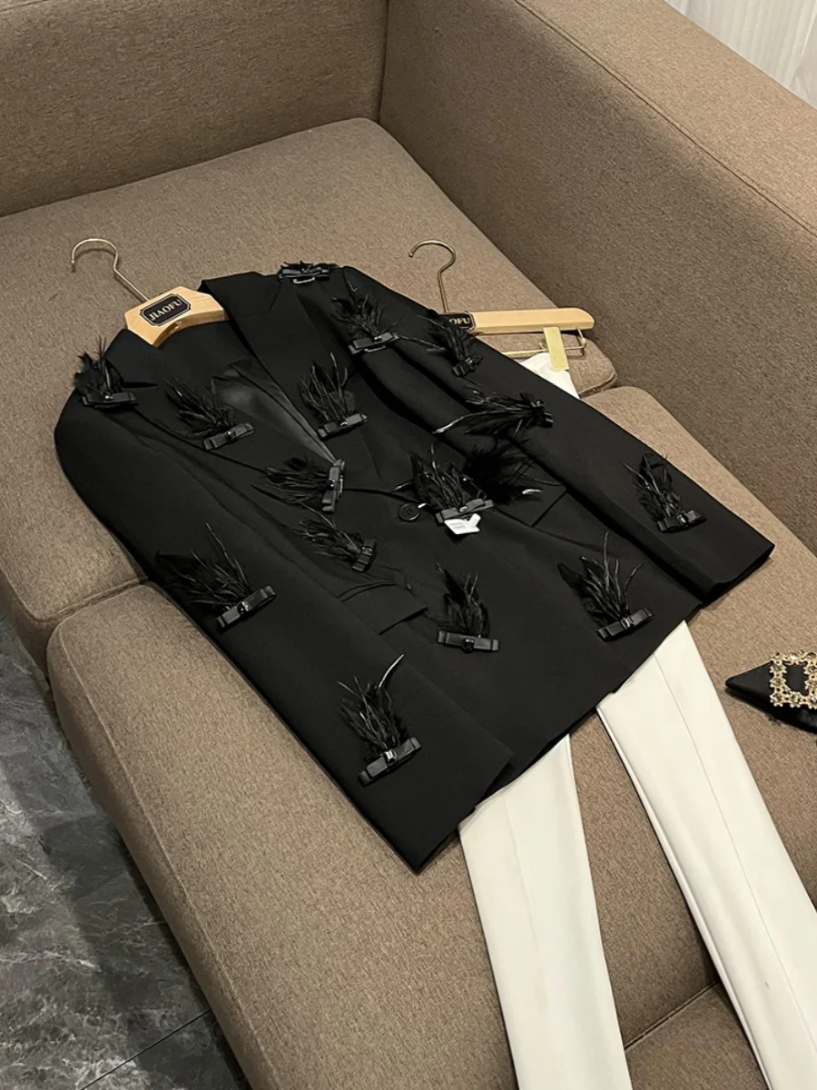 

Женское пальто Fadable Design с украшением из бисера и застежкой на талии с перьями, топ Long Sve