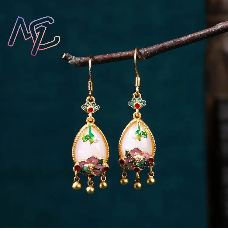 Natural Jade Flower Earrings Charm Amulet Designer Real Jewelry Vintage Accessories 18K Gold Plated Gifts for Women - view 6