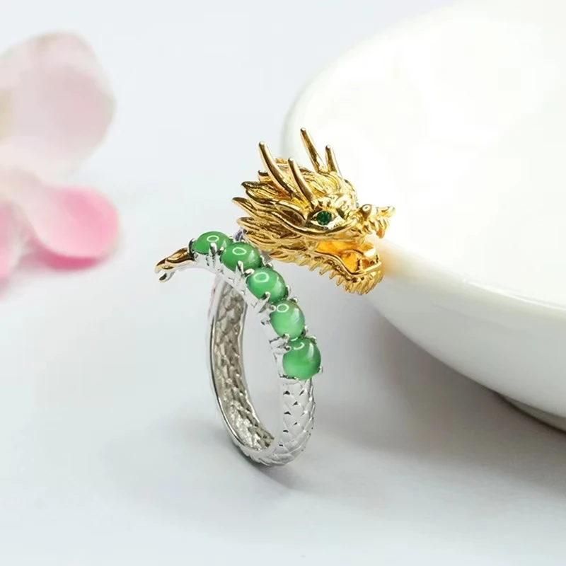 

Natural ice jadeite dragon jewelry pattern heaven and earth ring dragon exquisitely carved light luxury men and women jewelry to