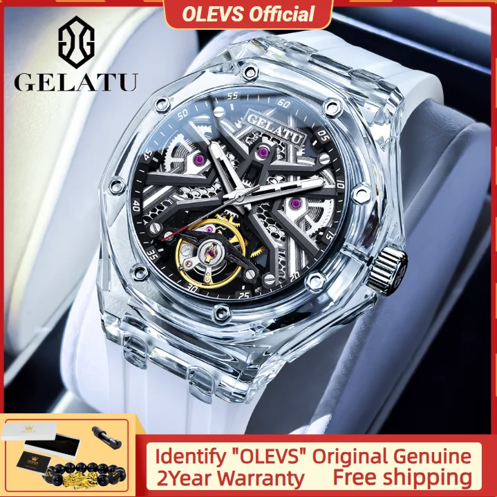GELATU 8002 Automatic Mechanical Men's Watch Skeleton Hollow Waterproof Luxury Watch Silicone Strap Big Face Watch Automatic