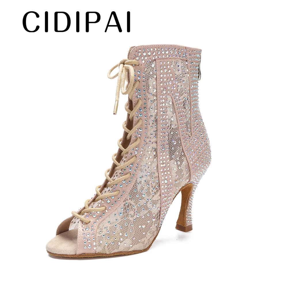 CIDIPAI Female High Top Latin Dance Shoes Woman Rhinestone Ballroom Dancing Shoes Sexy Soft Sole Dance Boots Women Party Shoes