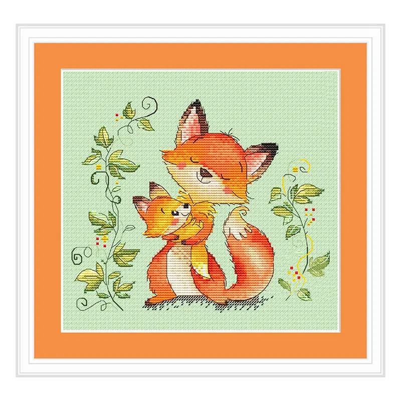 Fishxx Cross Stitch Kit D1059-1060 Bear Fox Mother And Child Light Green Embroidered Cloth