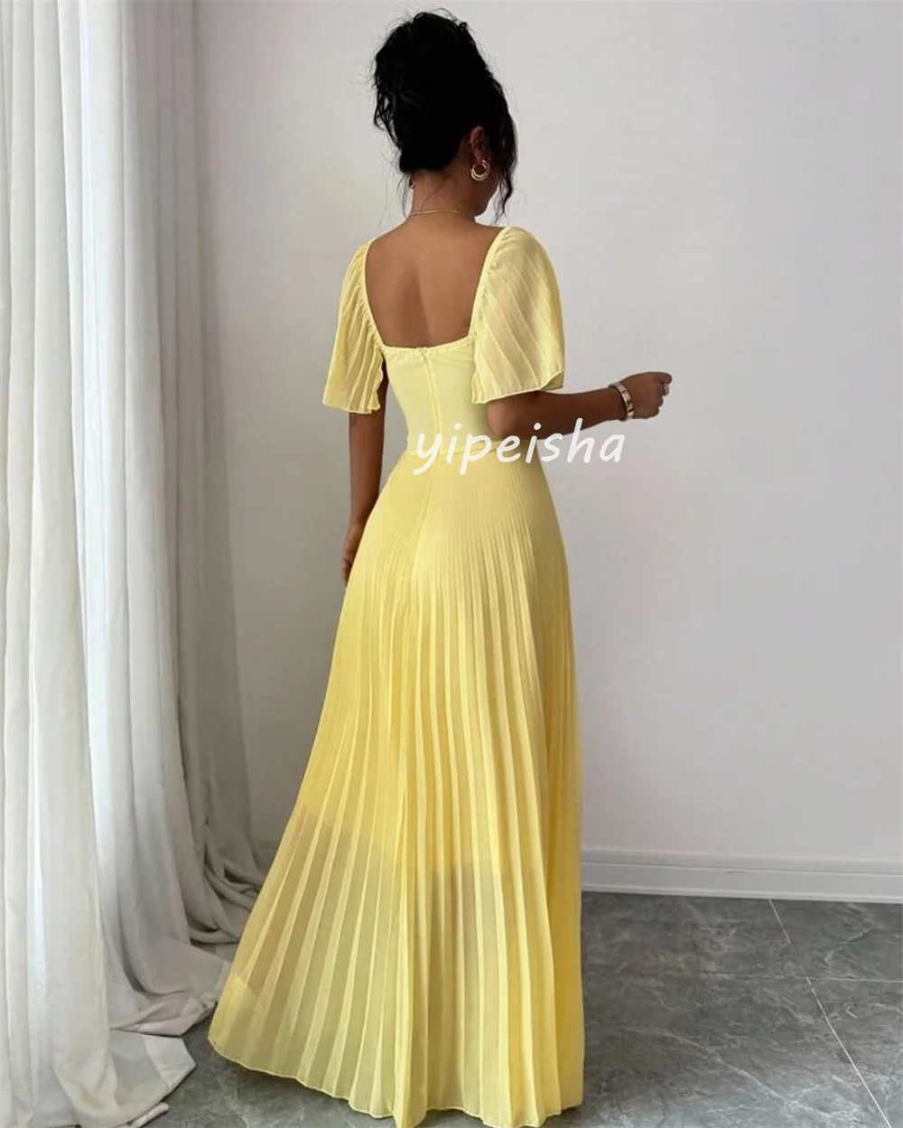 Customized Modern Style Sizes Available Chiffon Pleat Draped A-line Square Neck Long Dresses Bespoke Occasion Dresses Matching