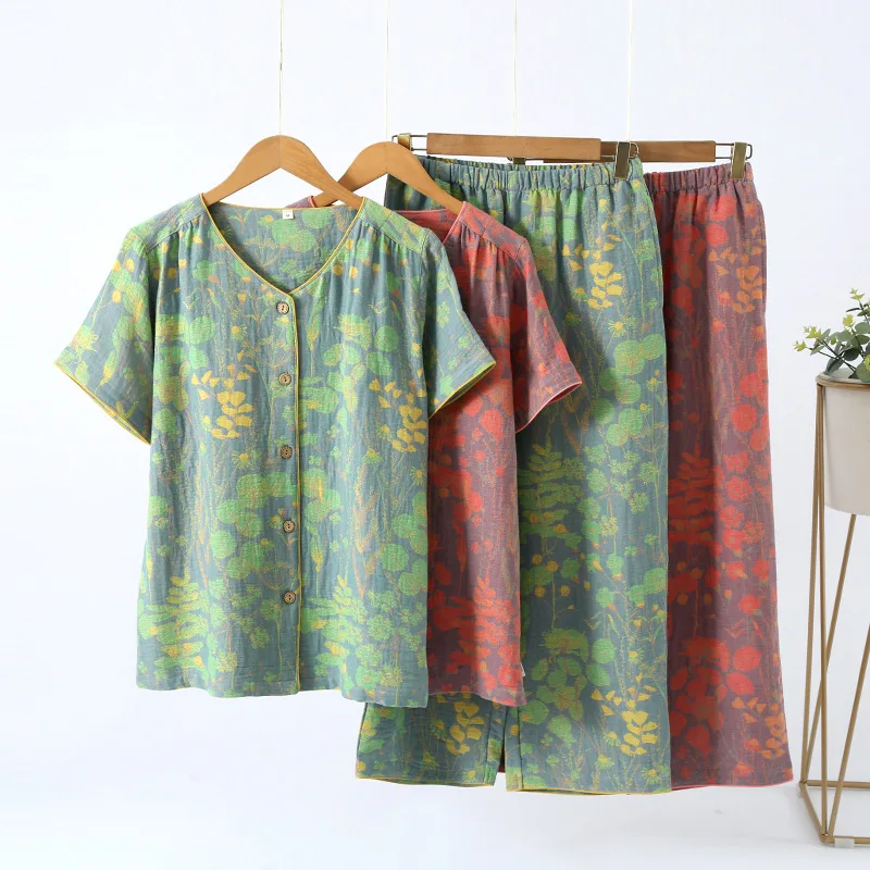 

Thin Pure Cotton Nightwear for Woman Pajamas Pyjama New Floral Short Sleeve Night Wear Female Summer Pajamas Women's Suit Set