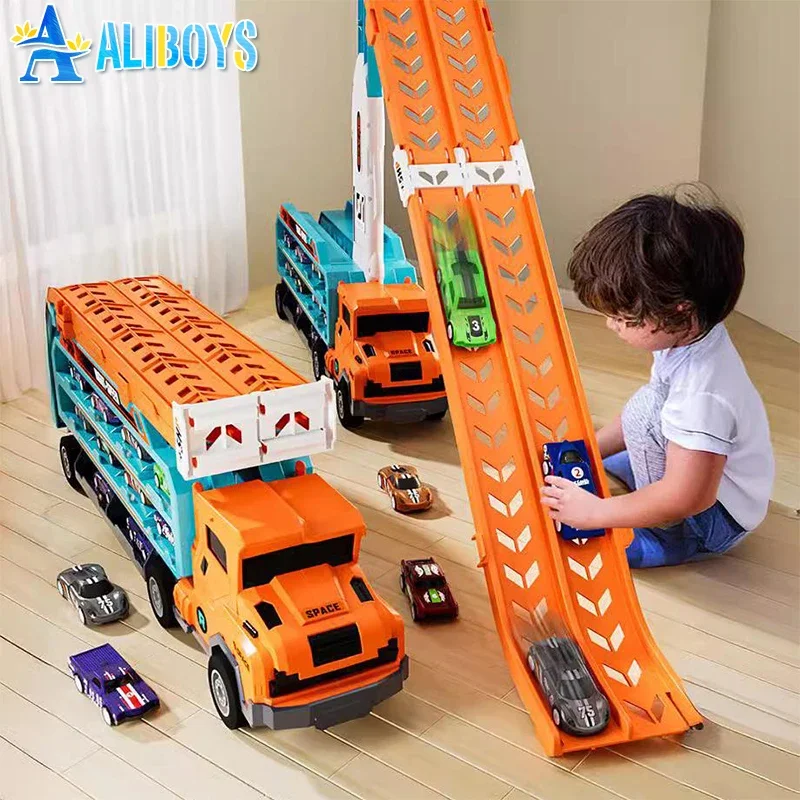 Deformed Rail Car 3 Layer Folding Lift Racetrack Freight Truck Glide Inertia Alloy Car Transport Vehicle Toy Kid Christmas Gifts