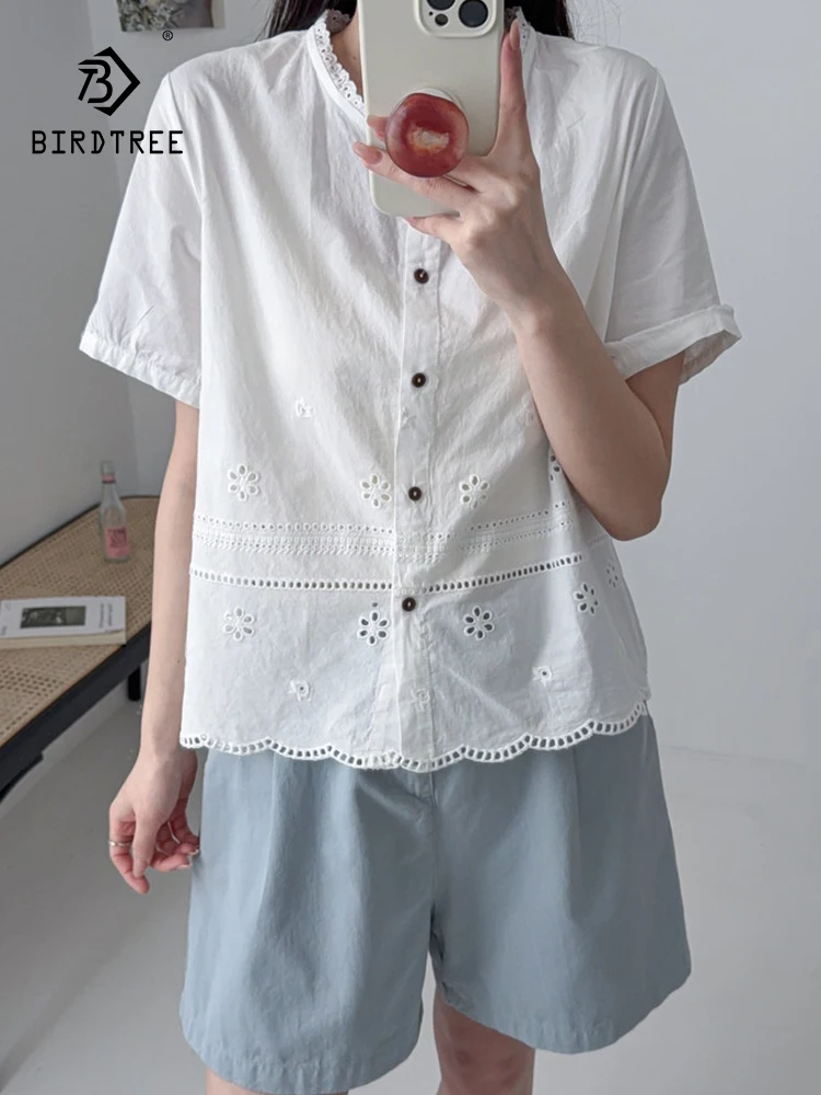 

New 2026 Summer Women Cotton Short Sleeve Shirt, Stand Embroidery Hollowed-out, Mori Girl French Casual Loose Blouse T66325CC