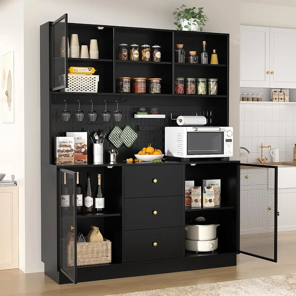 Large Kitchen Hutch Cabinet with 3 Metal Doors & Pegboard, Pantry Storage Cabinet with Cup Holder & Power Outlet