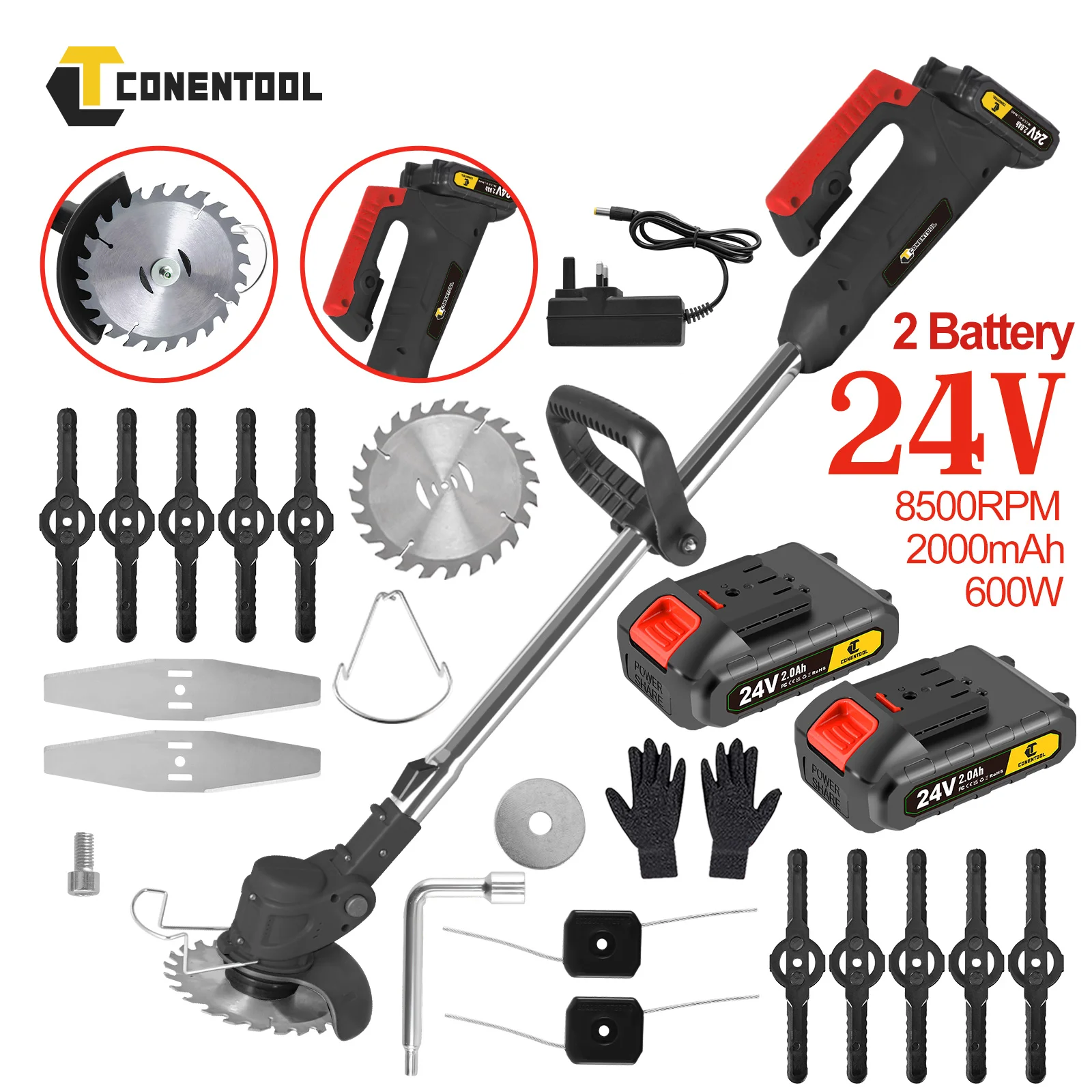 CONENTOOLMetal Blade Cordless Strimmer Set Electric Lawns Garden + Blades Detachable Grass Trimmers 21V Rechargeable 2 Batteries