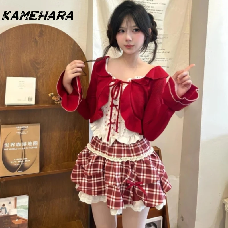 

KAMEHARA Japanese Sweet Girl Sense College Style Red Cardigan Jacket Lace Splicing Halter Tank Top Cake Skirt 3 Piece Sets スカート