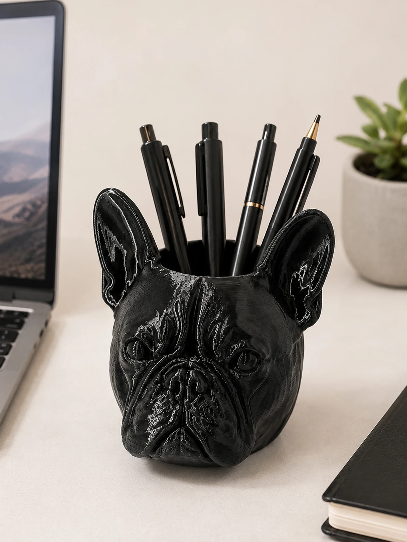 Highly attractive French Bulldog pen holder, bulldog head-shaped desktop pen cup, black glossy handmade plastic pen holder, desktop storage container for pens, desktop organizer for stationery, storage rack for makeup brushes and cosmetics, office desk home office decoration, quirky and novel, a gift for dog lovers, desktop ornament