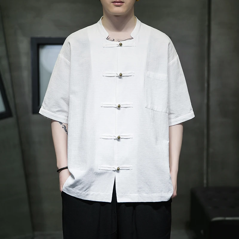

Льняная хлопковая мужская рубашка с коротким рукавом в китайском стиле, на пуговицах, свободного кроя, летняя, из тонкой ткани, молодежная, с воротником-стойкой