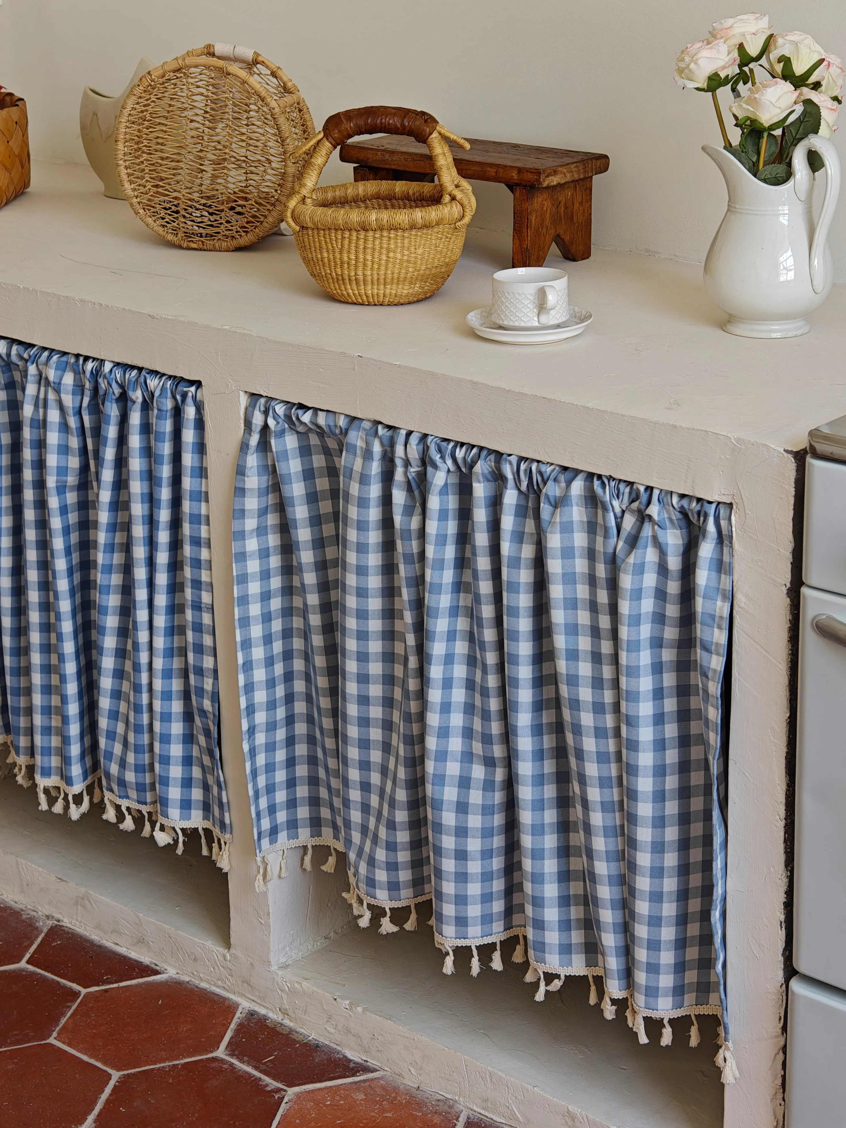 1pc Gingham Check Half Curtain Light Blue Plaid Rod Pocket Tassel Edge Privacy Dust Shield Countertop Kitchen Room Storag Decor