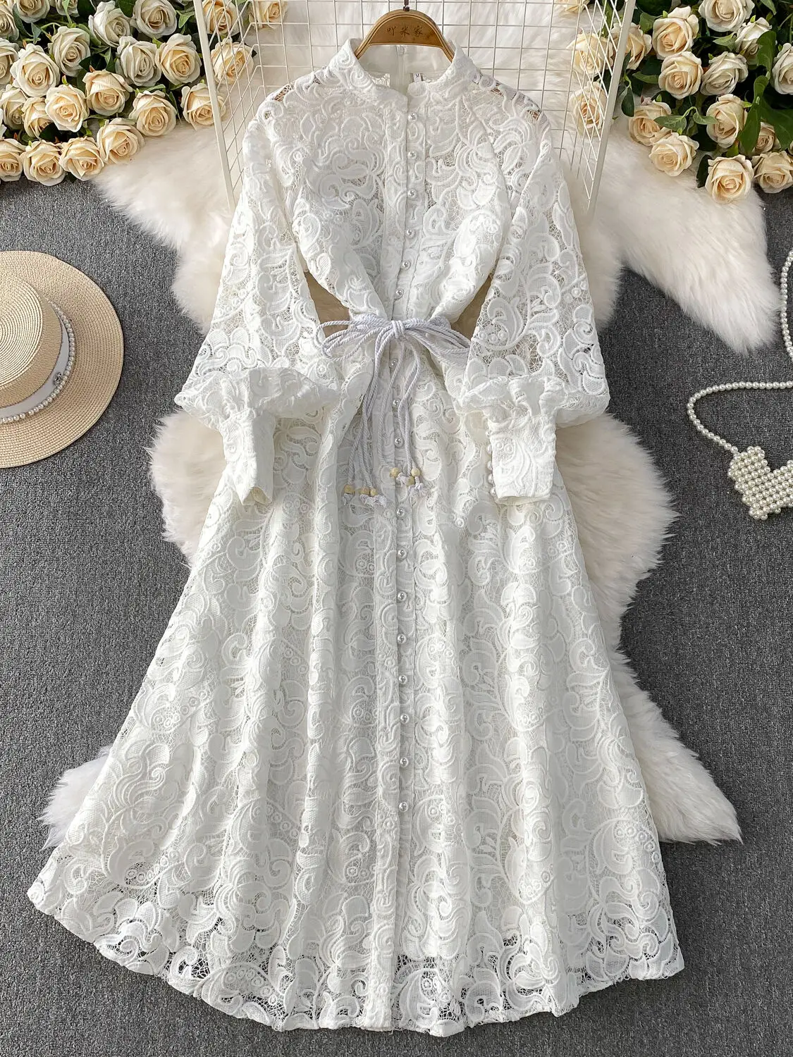 Embroidered Formal Luxury Lace Evening Dress Women Stand Collar Single-Breasted Pearl Lantern Long Sleeve Prom Party Dresses