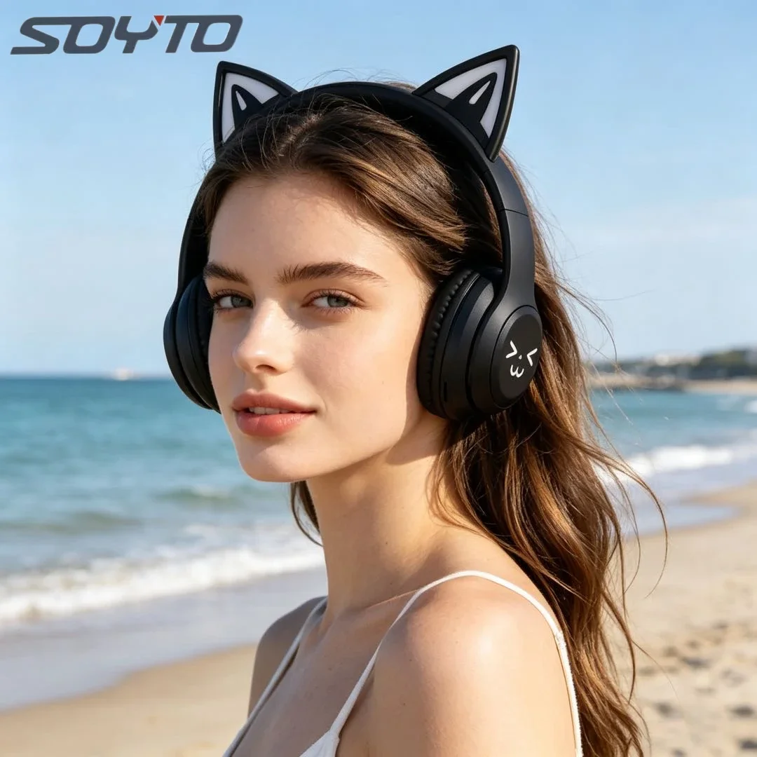 

Беспроводные складные Bluetooth-наушники SOYTO с милыми светящимися кошачьими ушками, LED-подсветкой, для игр и прослушивания музыки, стерео-наушники для девочек, для телефона и ПК