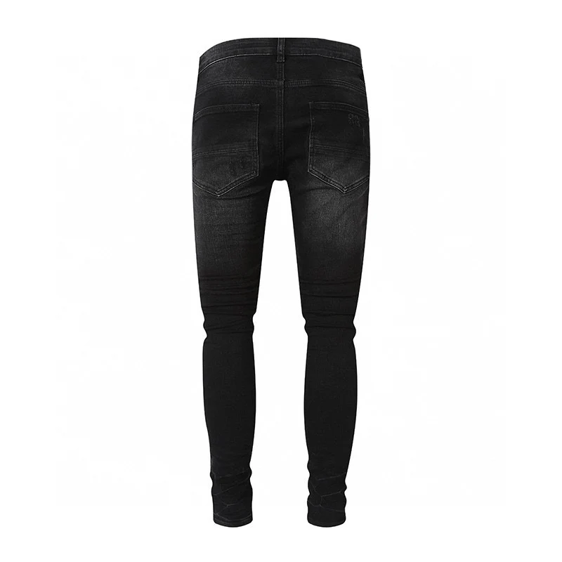 Designer street fashion boutique men's retro black ripped blue patch jeans Y2K elastic tight jeans hip-hop brand high-quality pa