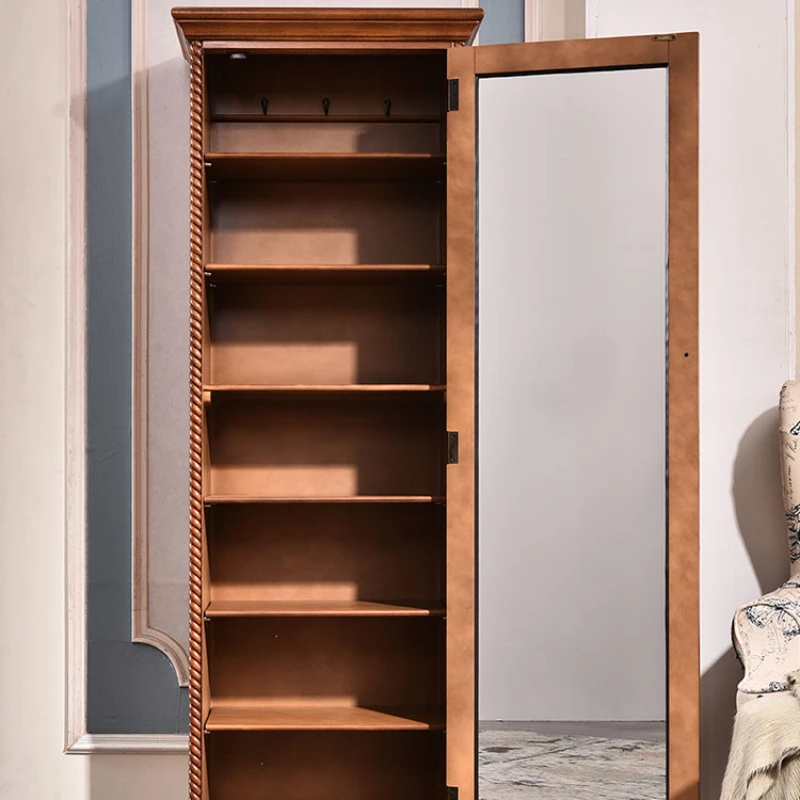 

Solid wood entrance hall cabinet shoes porch balcony bag storage wardrobe with mirror narrow high with door.