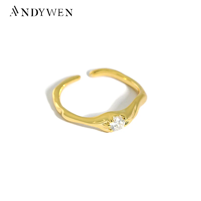 Andywen 925 Sterling Silver Gold One Zircon Irregular Geometric Resizable Rings Women Fashion Fine Jewelry Luxury Jewels