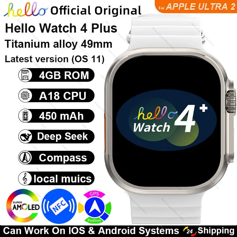 2025 New Official Original Hello Watch 4 Plus ULTRA 2 Smartwatch 49mm AMOLED 4G ROM NFC GPS GPT Compass Bluetooth Call Clock Men