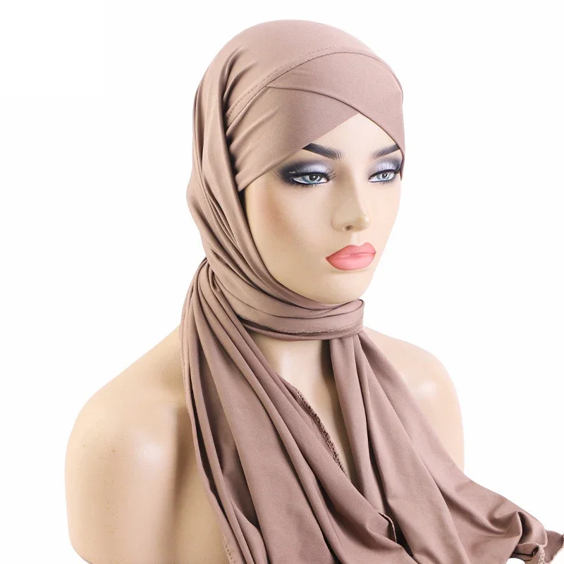 Forehead Cross Hat with Scarf Instant Hijab Underscarf Bonnet Cap Muslim Women Long Shawl Wrap Veil Amira Headscarf Ramadan