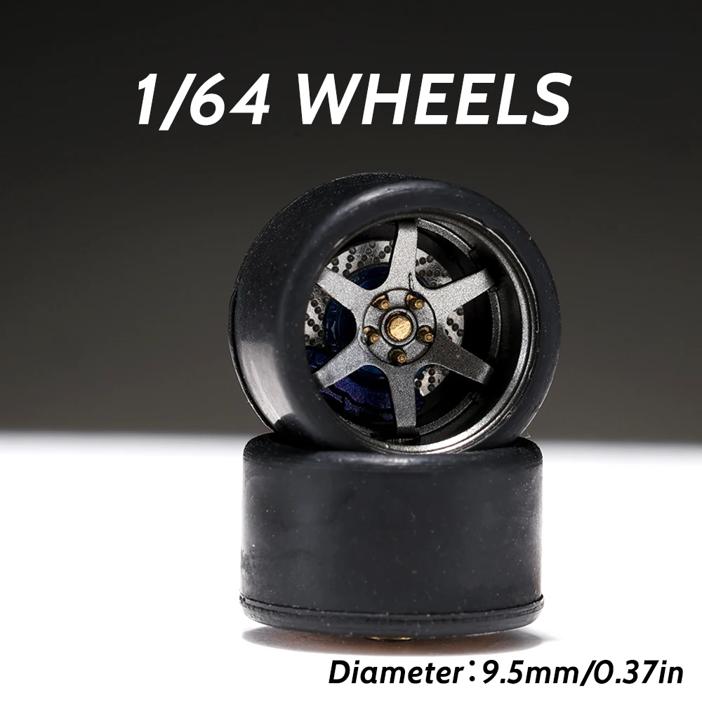 

1/64 Alloy Gun Ash Model Wheels Rubber Tires with Brake Disc Assembly Rims for Diecast Model Car for Hot Wheels Diameter: 9.5mm