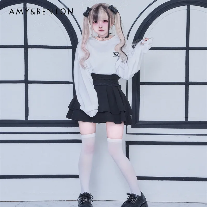 Japanese Mine Series Mass-produced Cartoon Embroidered Cotton Long-sleeved T-shirt Solid Color Versatile Subculture Gothic Top