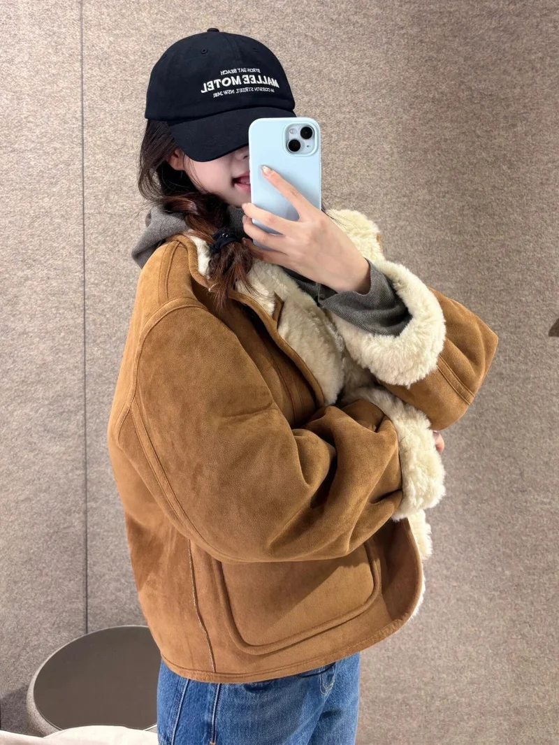 ETJ 2025 feminino outono e inverno novo produto suave adorável casaco grosso quente imitação de lã pele dupla face jaqueta curta