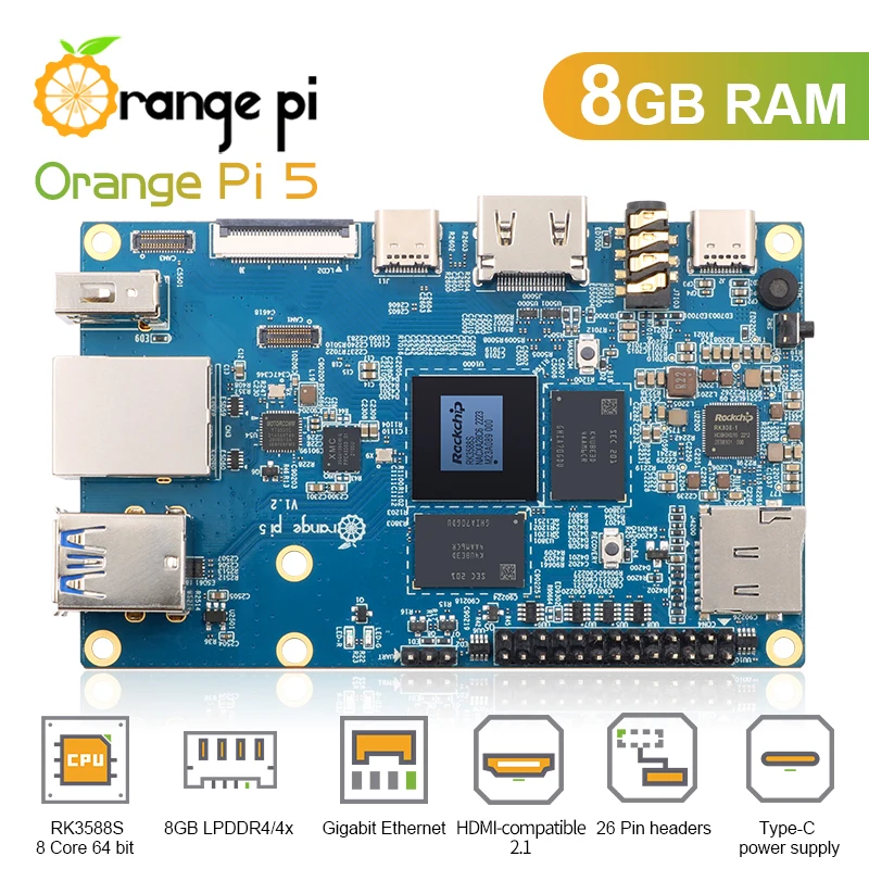 Laranja Pi-Computador de placa única, 8GB RAM, Rockchip RK3588S, Módulo PCIE, WiFi externo, BT, suporte 8K, codec de vídeo, Android, sistema operacional Debian