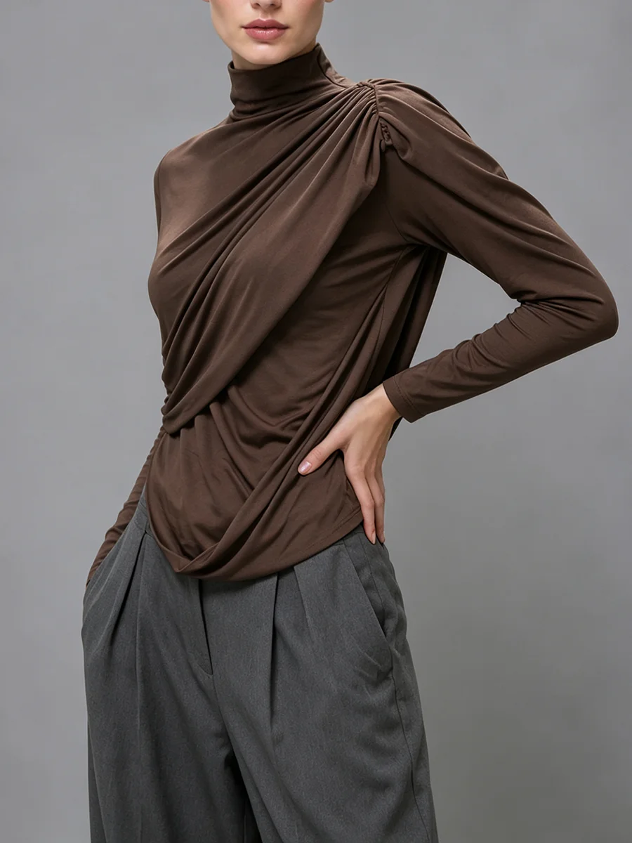 TWOTWINSTYLE Solid Spliced Draped Slimming T Shirt for Women High Neck Long Sleeve Patchwork Ruched Casual T Shirts Female Style