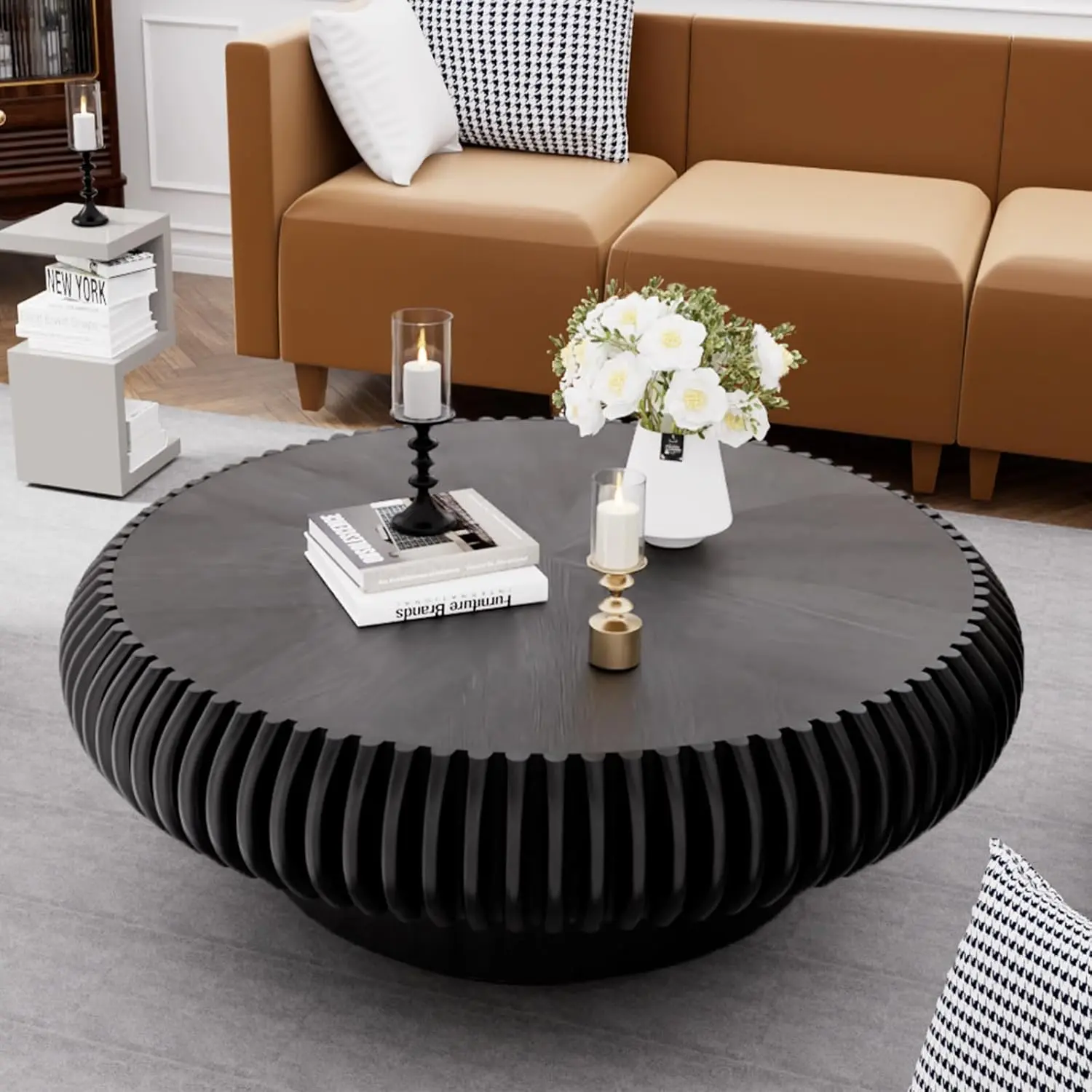 

Round Coffee Table for Living Room Modern Black Fluted Coffee Table 39.3 inch Low Round Drum Coffee Tables for, Customized