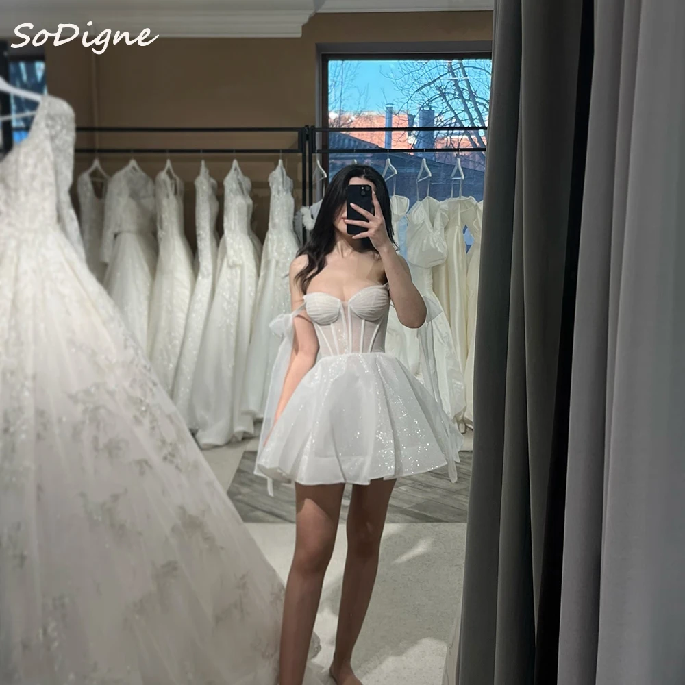 

SoDigne A-line Glitter Tulle Wedding Dresses Sweetheart Sleeveless Bridal Dress Short Wedding Gown Robe De Mairee ﻿Customized