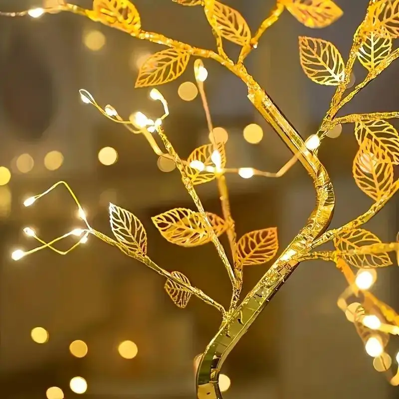 1PC Golden Leaf Tree Lamp, 72 LED Copper Wire String Lights, USB or Battery Powered with Touch Switch, 2-Mode for Home Decor