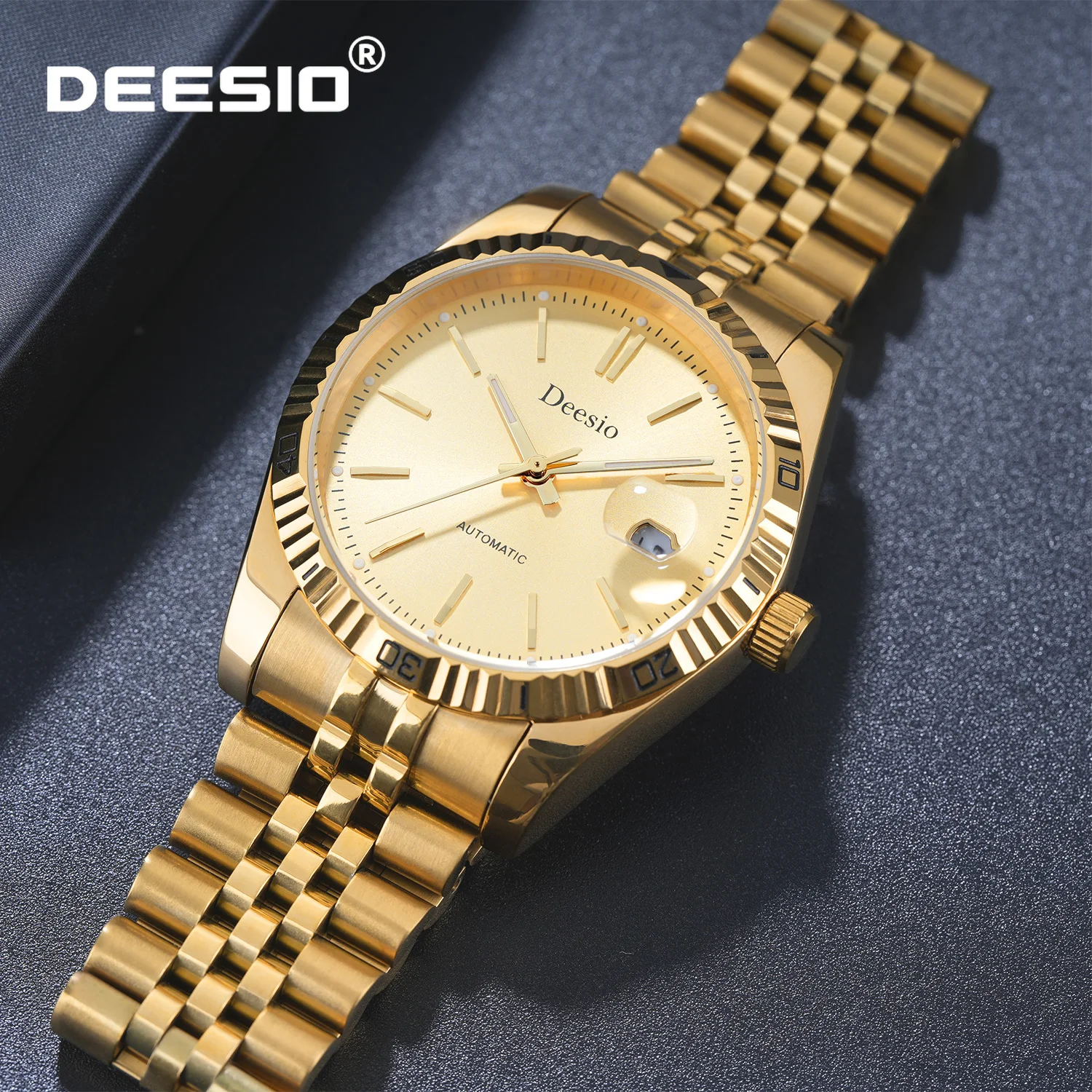 Deesio Men's Automatic Mechanical Watch Automatic Self-Wind  Gold-color Luxury 316L Stainless Steel 100M Waterproof Date Display Fluted Bezel Jubilee Bracelet Business Dress Classic Wristwatch Gift for Men Father's Day