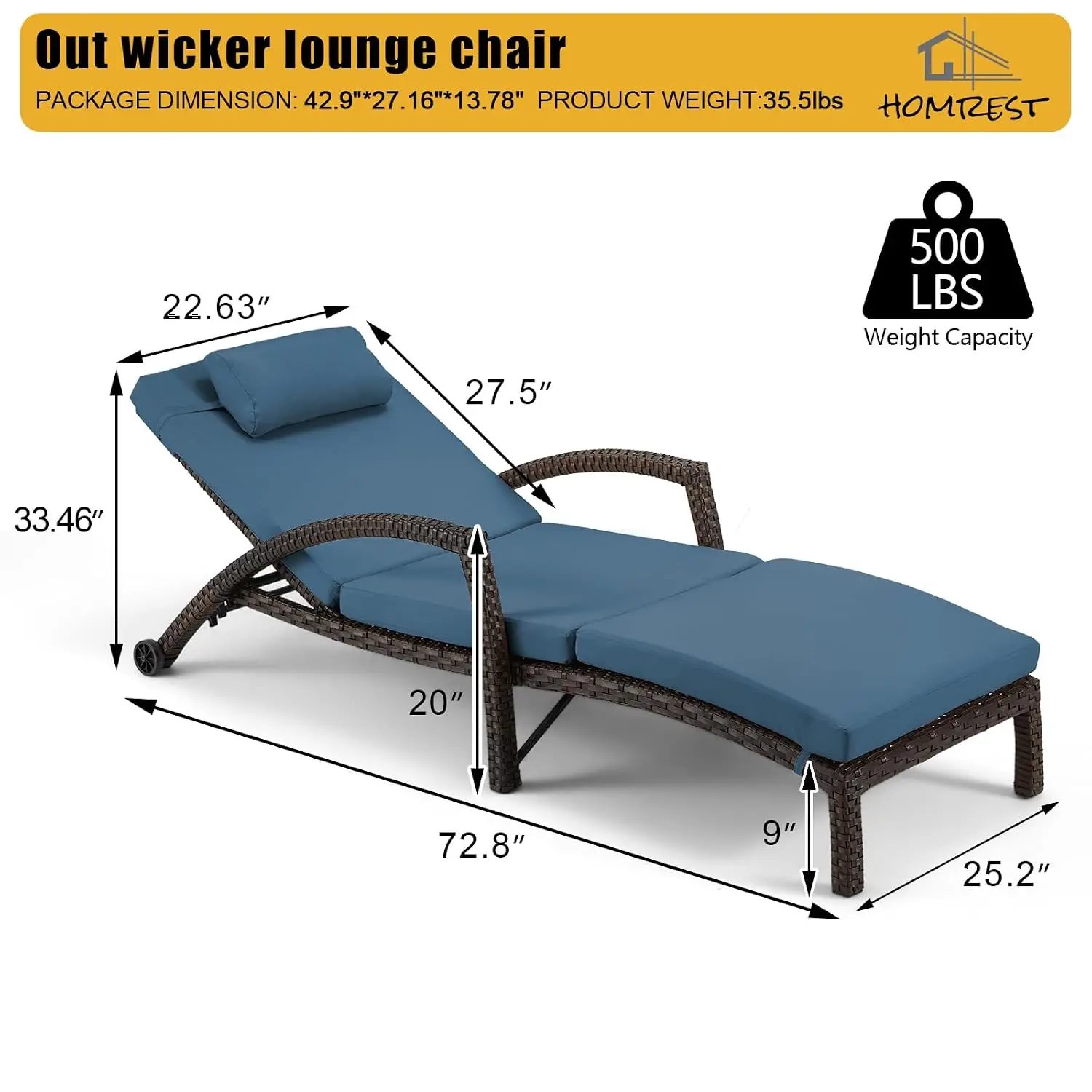PE Rattan Chaise Lounge Chair Adjustable 5 Position with Arm & Wheels for Poolside Backyard Deck, Dark Blue, Customized
