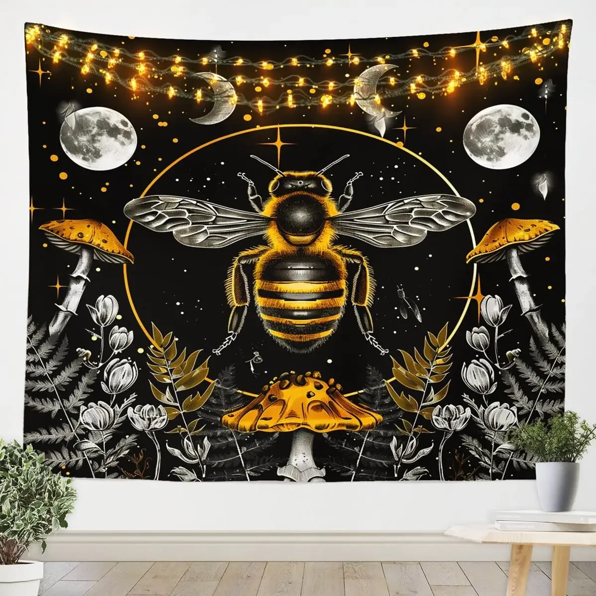 Hippie Honey Bee Tapestry for Bedroom Dorm Decor Boho Wildlife Tapestry Wall Hanging, Rustic Farmhouse Botanical Wall Tapestries