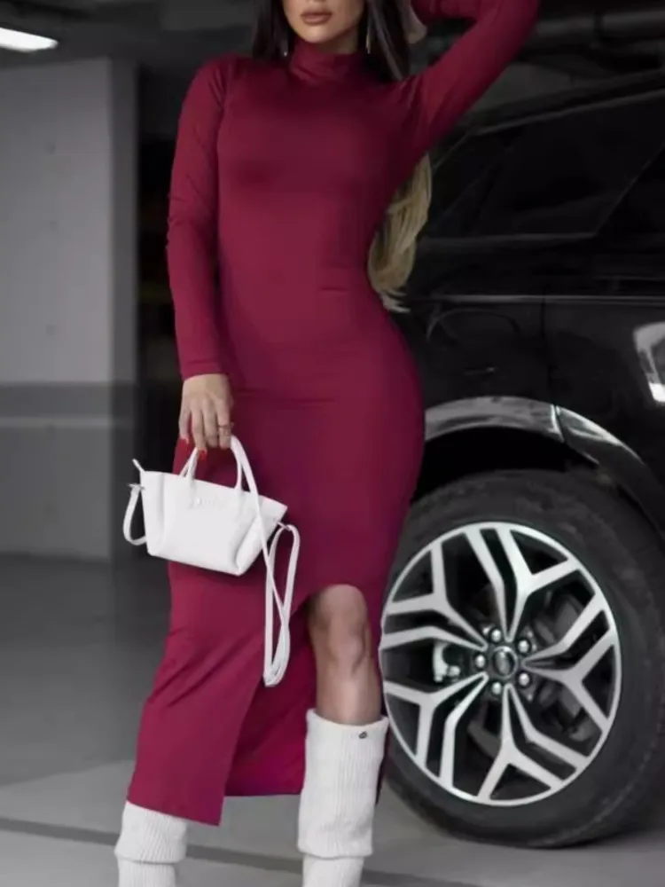 

Spring Autumn Temperament Celebrity Private Clothes Stand-up Collar Long-sleeved Long Skirt Women's Slim Wrap-around Split Dress