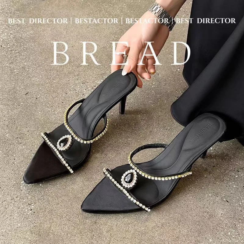 2026 new summer women sandals natural leather 22-25cm satin+sheepskin+pigskin strap mules high heel women slippers fashion